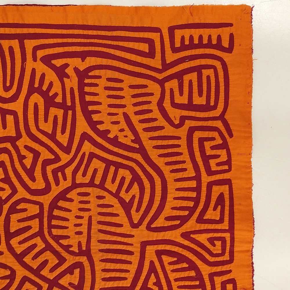 Escher Like Mola Orange & Red Abstract and Vibrant Hand Crafted Textile 15x19 - Picture 5 of 9